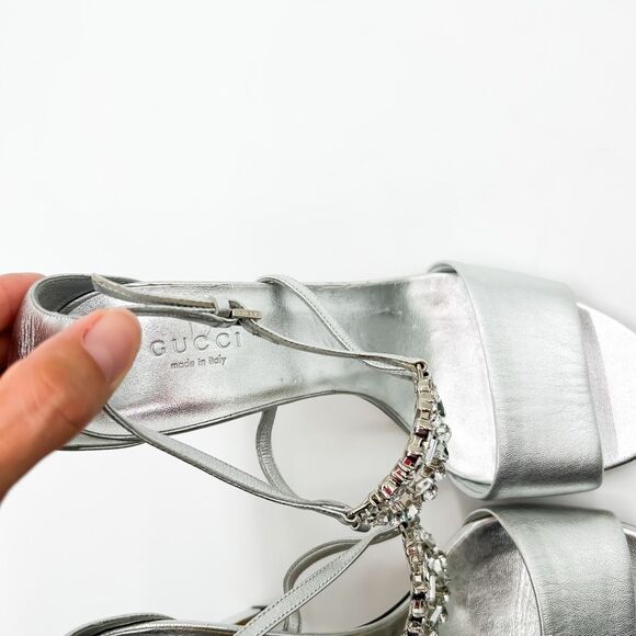 Gucci GG Crystal Metallic Silver Leather Sandals Heels EU 37 US 7 - Picture 11 of 14